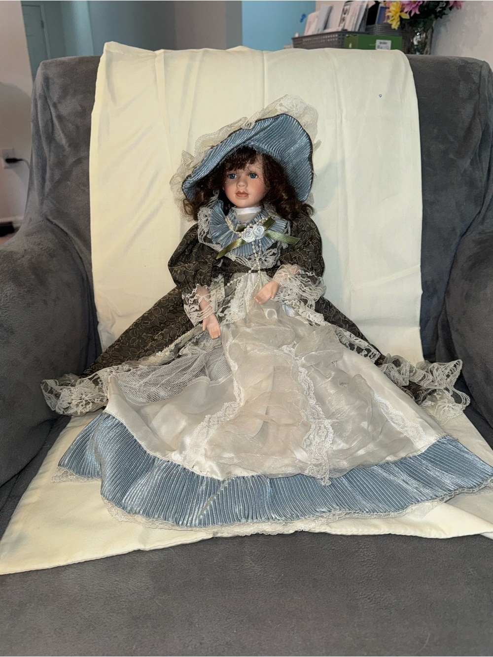 Vintage-Style Porcelain Doll in Blue and White Dress